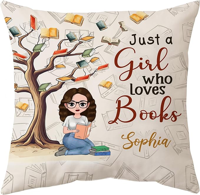 Hyturtle Personalized Book Pillow (Insert Included) Gifts for Girls Book Lovers, Reading Club Librarian on Birthday, Just A Girl Who Loves Books Custom Name Couch Cushion Decor Throw Pillow