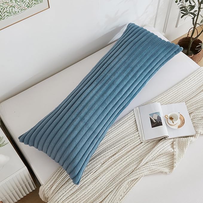 Full Body Pillow with Fluffy Stripe Faux Fur Removable Cover, Long Bed Pillow Adult 20x54 Inches for Side Sleeper and Pregnancy, Dusty Blue.