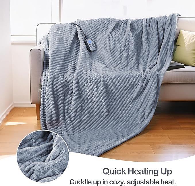 Electric Heated Blanket Full Size 72"x 84", Warming Striped Flannel with 10 Heating Levels & 1-12 Hours Auto Off, Ultra Soft and Thick, Machine Washable, Light Gray