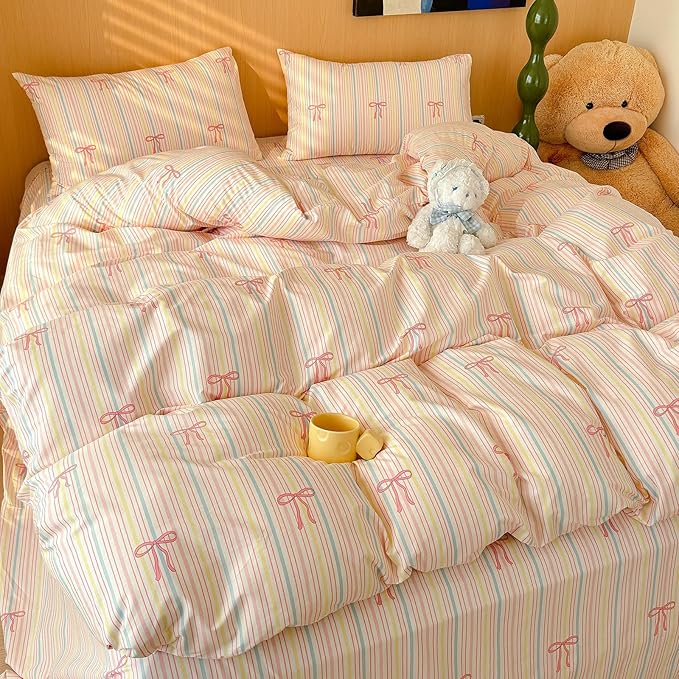 AOJIM Pink Bow Duvet Cover Set 3PCS for Kids Adults, 1 Soft Breathable Cotton Comforter Cover Full Size and 2 Pillowcases, Rainbow Striped Bedding Duvet Cover Set for Room Decor, Machine Washable