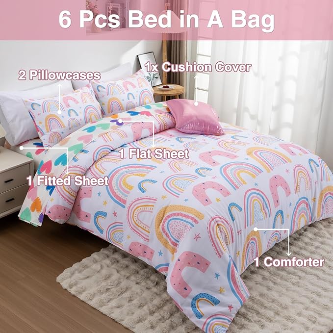 A Nice Night Lightweight Soft Cartoon Rainbow 6Pcs Twin Comforter Sets, Love Hearts Printed Bedding Set for Boys Girls,White