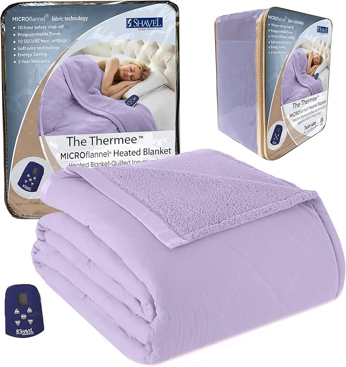 Thermee Micro Flannel Heated Blanket With Sherpa Back, Twin Size, 10-Setting Electric, Programmable, Ultra-Soft, Fast Heating Thermal Throw - Lilac