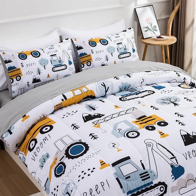 Holawakaka Trucks Tractors Cars Boys 5-Piece Bedding Comforter Sheet Set,Twin Size Cartoon Construction Car Excavator Print Kids Bed in A Bag, Excavator Mixer Truck Printed Bed Sets (White Twin)