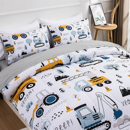 Holawakaka Trucks Tractors Cars Boys 5-Piece Bedding Comforter Sheet Set,Twin Size Cartoon Construction Car Excavator Print Kids Bed in A Bag, Excavator Mixer Truck Printed Bed Sets (White Twin)