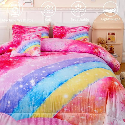 ANGIYUIN 6 Pieces Rainbow Queen Size Bed in A Bag for Girls/Kids/Teens, Colorful Sparkle Tie Dye Girls Comforter Set, Soft Sparkle Glitter Galaxy Bed Sets for All Season
