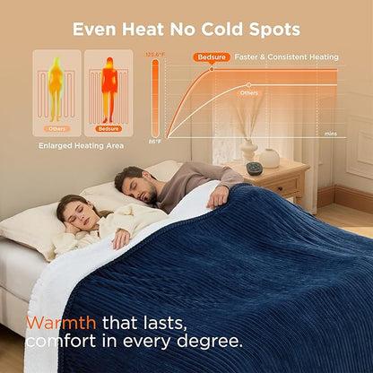 Bedsure GentleSoft Electric Blanket Queen Size - Soft Ribbed Flannel Heated Blanket with Dual Control, Heating with 10 Heat Settings & 10 Time Settings, 8 hrs Timer Auto Shut Off (84x90 inches, Navy)
