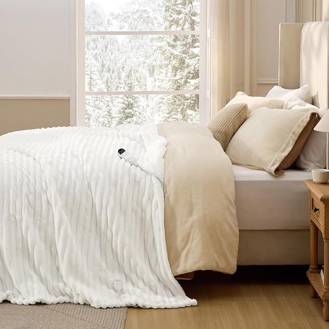 Bedsure Electric Blanket Full Size - Thick Striped Flannel Heated Blanket with 6 Heat Settings, 10 Time Settings, 8-Hour Timer Auto Shut Off, Gift for Grandma (72x84 inches, White)