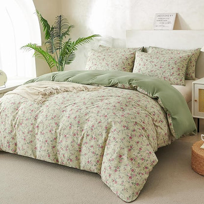 King Duvet Cover Floral Luxury Soft Brushed Microfiber Crinkle Gauze Fabric 3 Pieces Bedding Set Flower Pattern Duvet Cover King with Zipper Closure Breathable Comfy