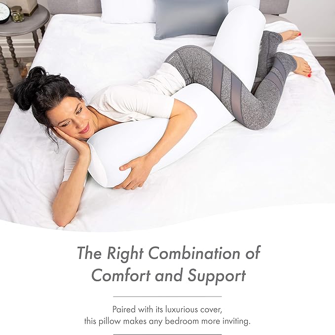 Straight Body Pillow, Full Size Premium Microbead,Side Sleeping/Maternity Pregnant Women, Supportive,Fluffy, Breathable, Cooling, 85/15 Spandex/Nylon Silky Feel Anti-Aging - 48 X 8 - White