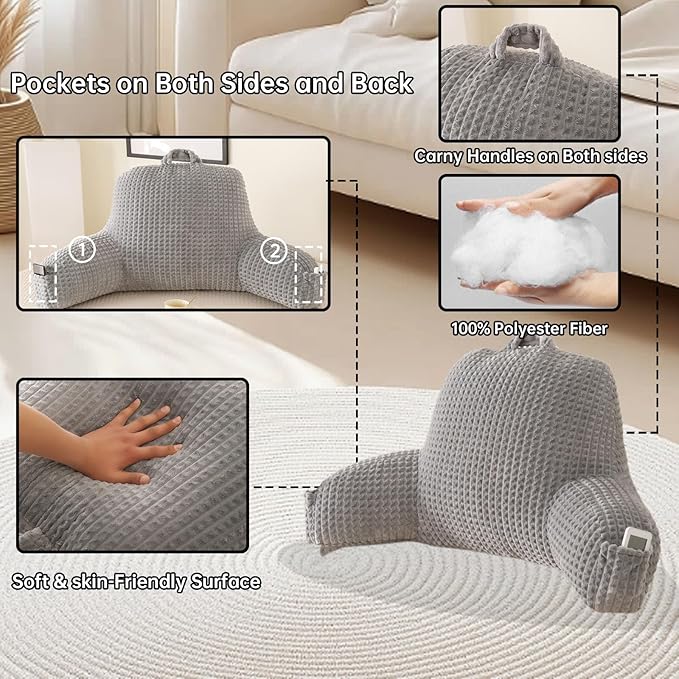Reading Pillow for Sitting in Bed, Large Backrest Reading Pillow with Arm Rest,Back-Rest Support Cushion for Sit Up on Couch, Sofa, and Floor, Dorm Essentials (Grey Flannel, Large(19"))