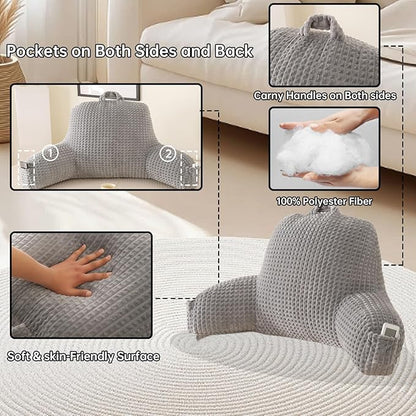Reading Pillow for Sitting in Bed, Large Backrest Reading Pillow with Arm Rest,Back-Rest Support Cushion for Sit Up on Couch, Sofa, and Floor, Dorm Essentials (Grey Flannel, Large(19"))