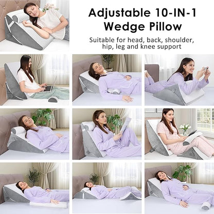 Bed Wedge Pillow for Sleeping, 3PCS Wedge Pillow Set for After Surgery, Adjustable 7 &12 inch Pillow Wedges for Acid Reflux Relief, Back Pain Relief, Sleep Apnea, Sitting Up, Headboard (White/Grey)