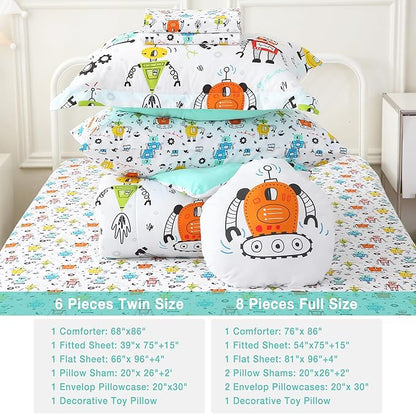 Mooreeke Full Size Comforter Sets for Boys Kids, 8 Pieces Bed in a Bag White Robot Bedding Comforter Sheet Set with Shams and Decorative Toy Pillow, Ultral Soft Microfiber Kids Bed Set
