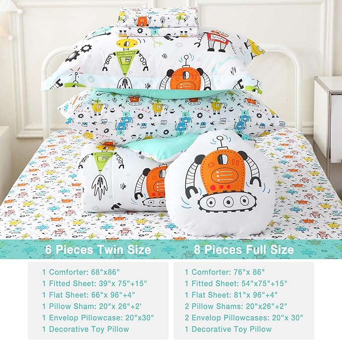 Mooreeke Twin Size Comforter Sets for Boys Kids, 6 Pieces Bed in a Bag White Robot Bedding Comforter Sheet Set with Shams and Decorative Toy Pillow, Ultral Soft Microfiber Kids Bed Set