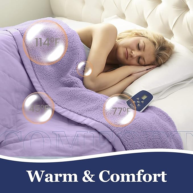 Thermee Micro Flannel Heated Blanket with Sherpa Back, 10-Setting Programmable Electric Blanket - Queen Size, Ultra-Soft Heated Throw - Lilac