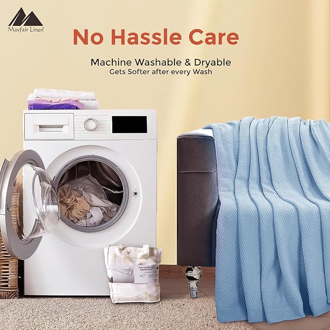 Mayfair Linen 100% Pure Cotton, Luxury Twin/Twin XL Size Light Blue Blanket - Herringbone Pattern, Soft &Cozy Premium Fall Bed Blanket for All Seasons, 350GSM & 68x92 with Free Tote Bag.