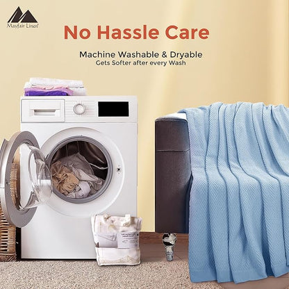 Mayfair Linen 100% Pure Cotton, Luxury Twin/Twin XL Size Light Blue Blanket - Herringbone Pattern, Soft &Cozy Premium Fall Bed Blanket for All Seasons, 350GSM & 68x92 with Free Tote Bag.