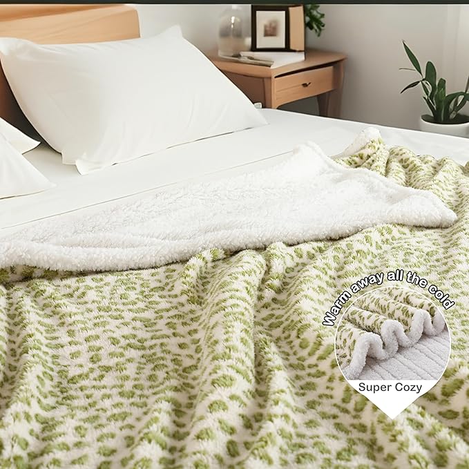 Electric Heated Blanket Full Size 72"×84" with 6 Heating Levels &10Hs Auto Off, Heating Double Sided Plush Sherpa, Fast Heating, Machine Washable Leopard Print Green & White