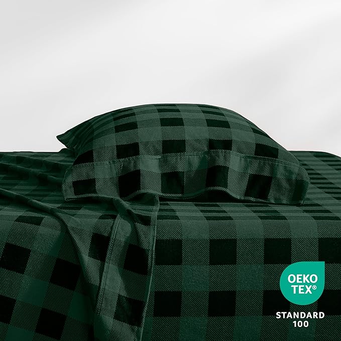 Bare Home Flannel Sheet Set Prints, 100% Cotton, Velvety Soft Heavyweight - Double Brushed Flannel - Deep Pocket (Twin, Buffalo Plaid - Forest Green/Black)