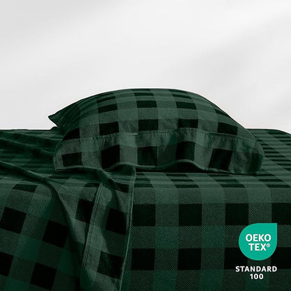 Bare Home Flannel Sheet Set Prints, 100% Cotton, Velvety Soft Heavyweight - Double Brushed Flannel - Deep Pocket (Twin, Buffalo Plaid - Forest Green/Black)
