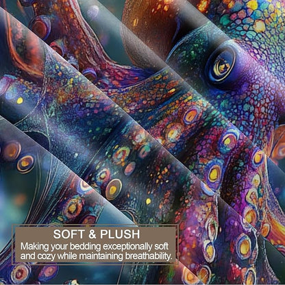 3D Octopus Duvet Cover Oversized King Ocean Colorful Octopus Bedding Set 3 Piece Bedroom Decor Marine Animal Patterned Comforter Cover with Zipper Ties & 2 Pillowcases