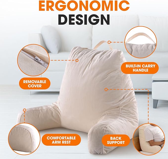 Cheer Collection Reading Pillow with Arms – Portable Bed Pillow for Sitting Up & Support, Foam-Filled Back Rest Pillow for Sitting in Bed & Couch, Machine Washable Ivory (Large)