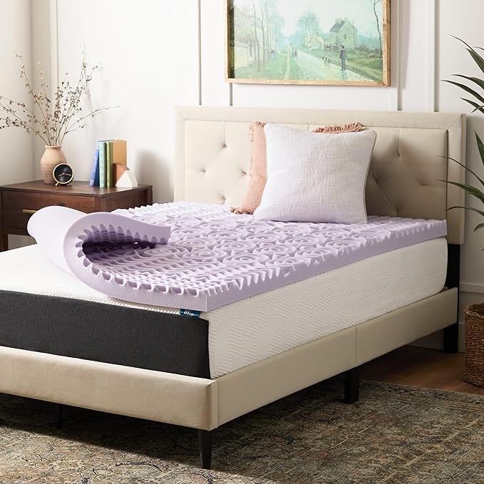 LUCID Lavender Infused 3 Inch Memory Foam Mattress Topper with 5 Zones – Queen Size – Plush Feel – CertiPUR Certified – Dorm Room Essentials