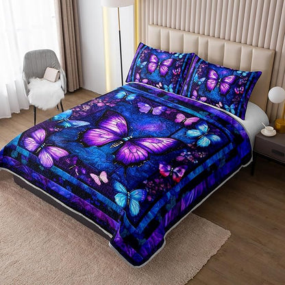 QOOMO Purple Butterfly Quilt Set Full/Queen Size,Butterfly Bedspread Coverlet Set,Butterflies 3Pcs Bedding Set Printed Quilt with 2 Pillowcases,Soft and Lightweight,for All Seasons