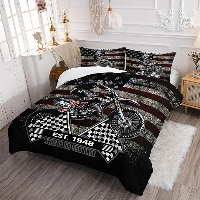 Dirt Bike Comforter Set Retro American Flag Black and White Checkered Comforter Sets Quilt with 1 Comforter and 2 Pillowcases for Kids Boys Bedroom All Season（Dirt Bike-3 Queen）