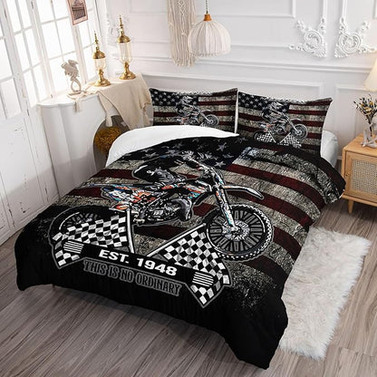 Dirt Bike Comforter Set Retro American Flag Black and White Checkered Comforter Sets Quilt with 1 Comforter and 2 Pillowcases for Kids Boys Bedroom All Season（Dirt Bike-3 Queen）