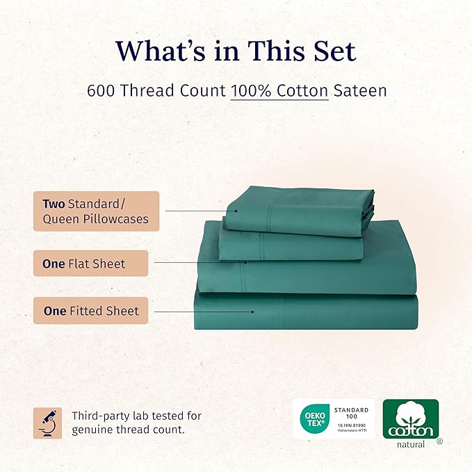 California Design Den 100% Cotton Sheets Full Size Set - Luxury 600 Thread Count Sateen, Cooling Sheet Sets Full Size Bed with Deep Pockets, Hotel Quality Bedding - Teal Bed Sheets