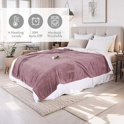 Electric Heated Blanket 90"x100" King Size Flannel Heated Blanket, Cozy & Warm for All Night, 4 Heat Settings & 10 Hours Auto Off, Machine Washable-Berry