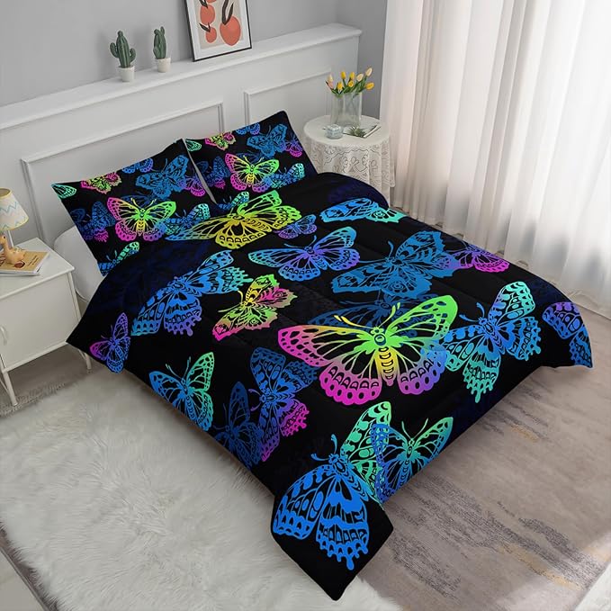 Axolotl Colorful Butterflies Bedding Set,Gradient Butterfly Comforter for Girls Kids,3 Pcs Butterfly Animal Kids Bed Set,Rainbow Butterflies Comforter for Teens Adults,1 Quilt with 2 Pillowcases King