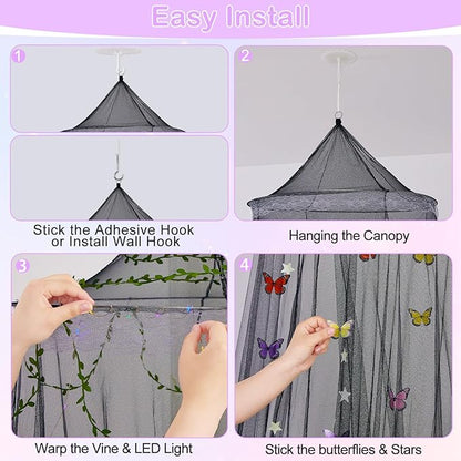 FIOBEE Bed Canopy for Girls Room Bed Canopy Curtains with Led Lights Mosquito Net DIY Princess Room Décor with Stars Butterflies for Kids Bedroom, Black