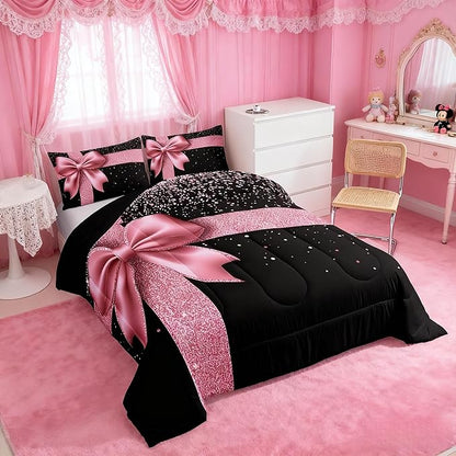 Castle Fairy Girls Bowknot Twin Size Comforter Set,Kids Glitter Diamond Print Decor All Season Bedding,Teens Pink and Black Comforter,Children Luxury Art Decor Quilt Set Bedroom Collection 2Pcs