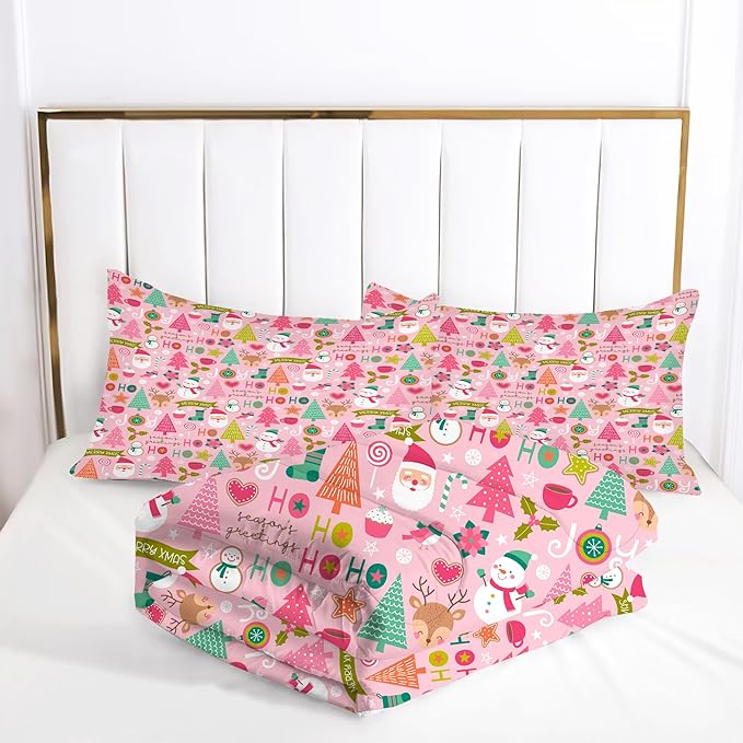 Comforter Set Pink Christmas: King Size Merry Xmas Snowman Bedding Sets Cute Santa Claus Green Christmas Tree Pine Elk Quilts New Year Decor Bed Set 1 Comforter & 2 Pillowcases