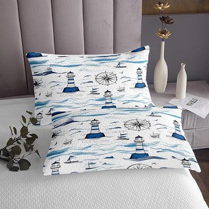 Erosebridal Lighthouse Bedspread King Size, Nautical Bedspread Quilt Set Anchor Rudder Coverlet Set for Kids Adult, Modern Fade Quilt Set Soft Microfiber Nautical Decorative
