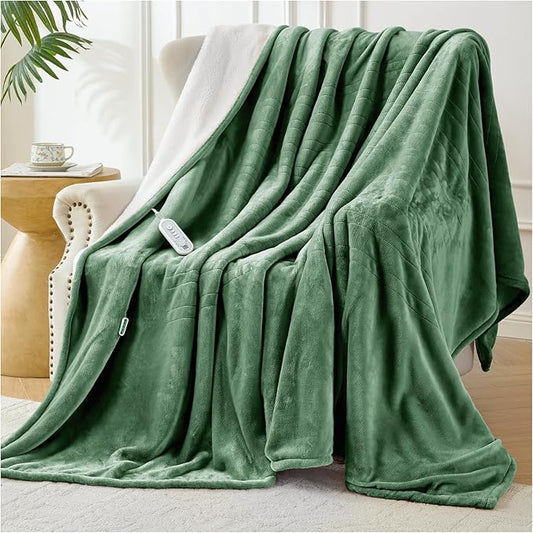 Full Size Electric Blanket Heated, Double-Sided Flannel＆Sherpa Heated Blanket with 8 Heat Levels & 10 Hours Auto Off, Fast Heating Blankets Machine Washable with ETL & FCC Certified, Green