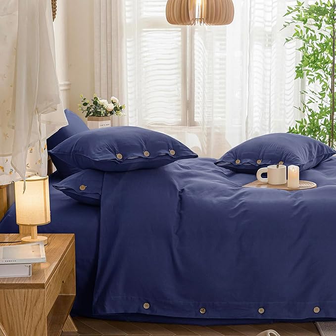 JELLYMONI Cotton Duvet Cover Twin Size - Navy Blue Comforter Cover with Button 100% Washed Cotton 2PCS Breathable Soft Solid Bedding Set Duvet Cover 68×90in & 1 Pillowcase (NO Comforter)