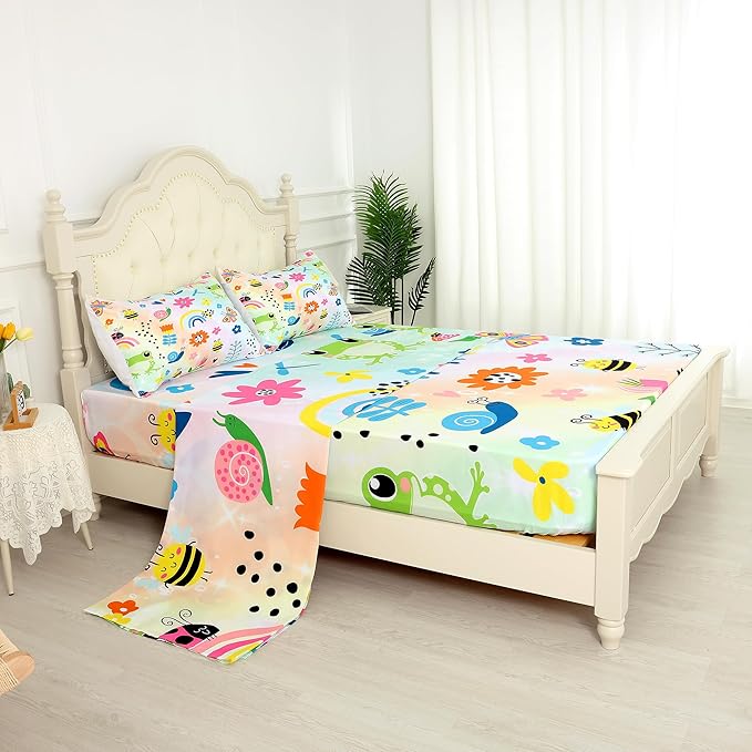Rainbow Frogs Fitted Sheet Sets,Cartoon Floral Kids Bedding Twin Size for Girls Teens Adults Bedroom Bed, Kawaii Sheets Bedspread Set,1 Flat Sheet 1 Fitted Sheet 1 Pillowcase