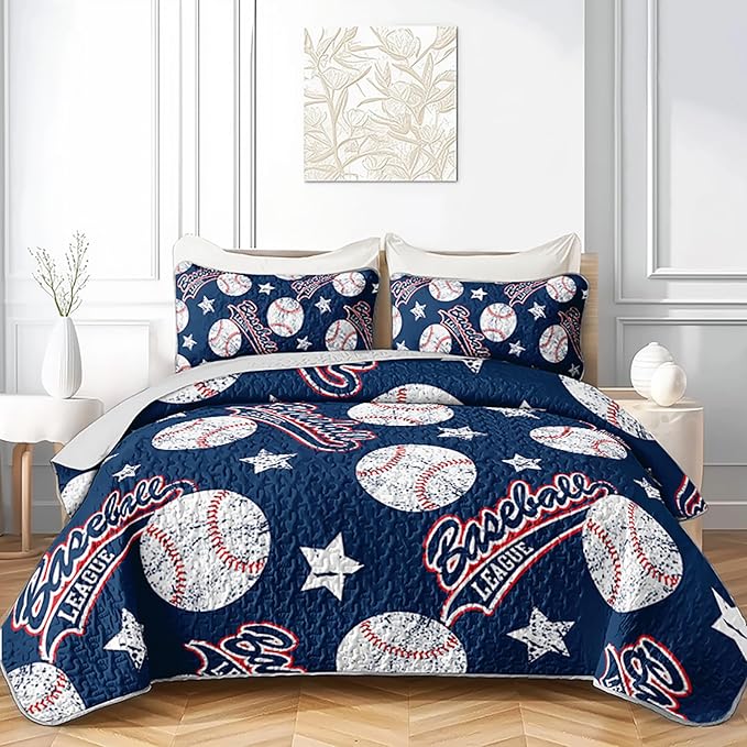 QOOMO Baseball Quilt Set Twin Size,Blue Baseball Bedspread Coverlet Set,Sports 3Pcs Bedding Set Printed Quilt with 2 Pillowcases,Soft and Lightweight,for All Seasons