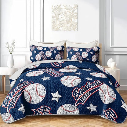 QOOMO Baseball Quilt Set King Size,Blue Baseball Bedspread Coverlet Set,Sports 3Pcs Bedding Set Printed Quilt with 2 Pillowcases,Soft and Lightweight,for All Seasons