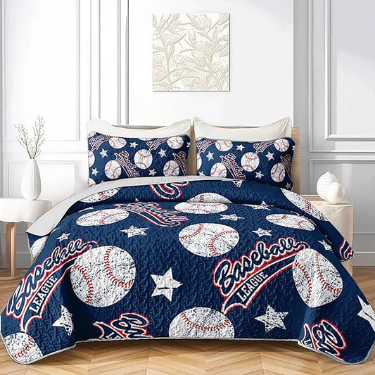 QOOMO Baseball Quilt Set King Size,Blue Baseball Bedspread Coverlet Set,Sports 3Pcs Bedding Set Printed Quilt with 2 Pillowcases,Soft and Lightweight,for All Seasons
