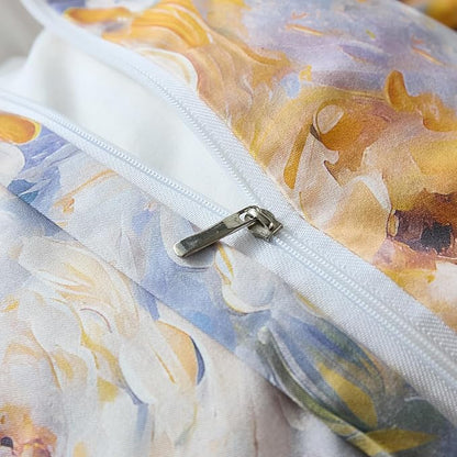 100% Cotton Duvet Cover Queen Size – Impressionist Natural Yellow & Blue Floral Duvet Cover Set with Zipper Closure, 3-Piece Soft Breathable Durable Percale Cotton Bedding Set for All Seasons