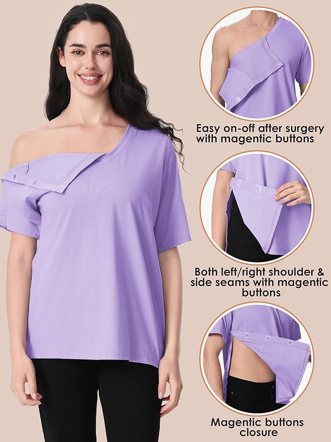 Magnetic Buttons Post Shoulder Surgery Recovery Shirt for Men V-Neck Tear Away Adaptive Chemo Port Clothing for Women