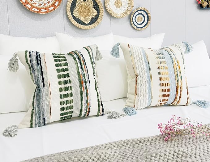Boho Throw Pillow Covers 18x18 Aesthetic Neutral Boucle Couch Pillow Cover Rainbow Striped Decorative Accent Pillow Case for Couch Bed Sofa Farmhouse Bedroom,Modern Funky,Set of 2 Sage Green