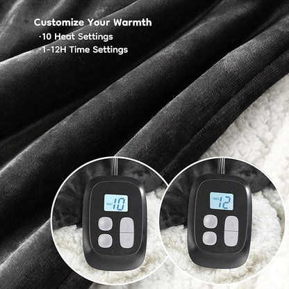 Electric Heated Blanket Queen Size - 84"x90", Soft Flannel Heating Blanket, 10 Heating Levels, 1-12 H Auto Shut Off, Dual Controllers, Breathable Warm and Washable for Bed, Dark Grey