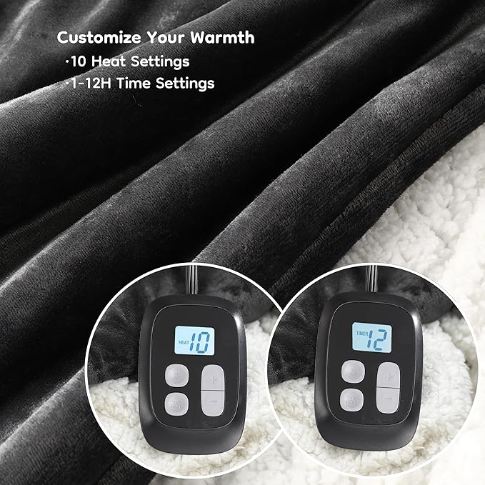 Electric Heated Blanket King Size - 90"x100", Soft Flannel Heating Blanket, 10 Heating Levels, 1-12 H Auto Shut Off, Breathable Warm and Washable for Bed, Dark Grey