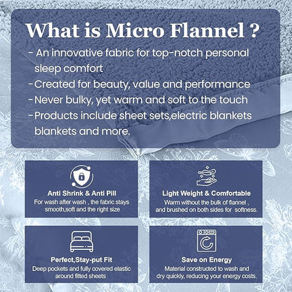 Thermee Micro Flannel Heated Blanket, Sherpa Back, 10-Setting Electric Twin Size, Programmable, Ultra-Soft, Fast Heating, Toile Sky Blue