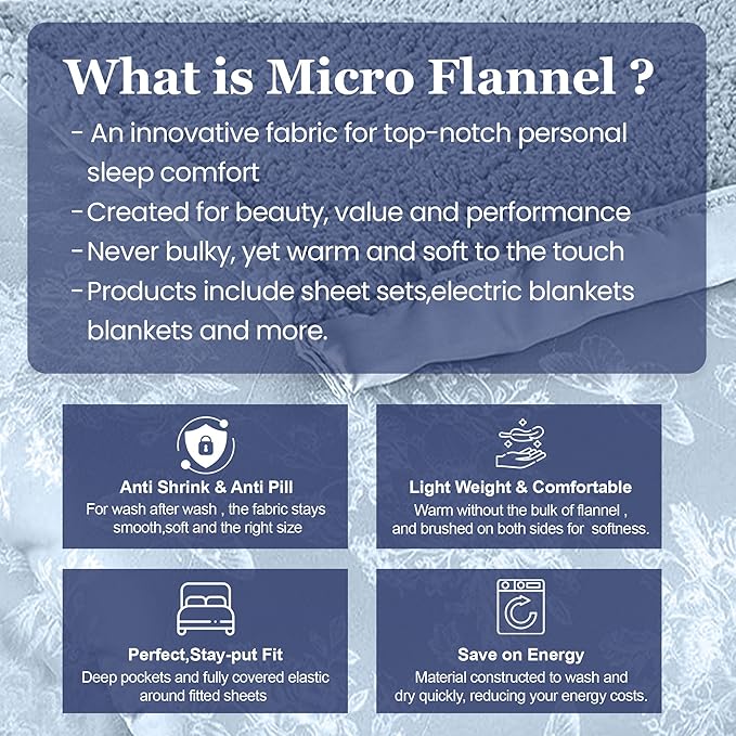 Thermee Micro Flannel Heated Blanket with Sherpa Back, 10-Setting Electric Blanket, Full Size, Programmable Heating Throw - Toile Sky Blue